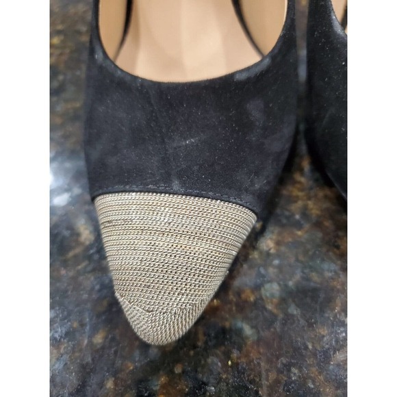 Salvatore Ferragamo Women's Black & Gold Toe More Suede Chain Cap-Toe Pumps 10 - Picture 2 of 14